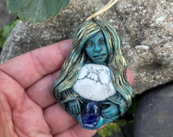 Healing hands clay goddess pendant with Howlite and sodalite gemstone
