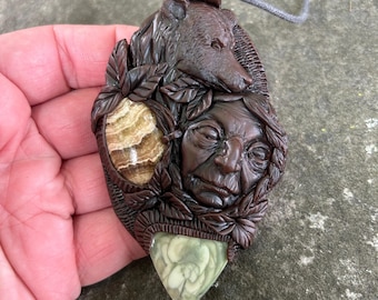 Crone Goddess Bear Necklace | Hand Sculpted Clay Pendant | Aragonite & Imperial Jasper Jewelry | Divine Feminine Pagan Gift
