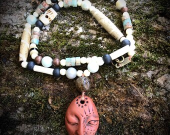 Amazonite and Bone Beaded Goddess Necklace