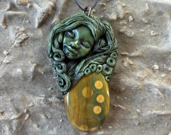 Harvest Goddess Necklace | Ocean Jasper Pendant | Hand Sculpted Clay Goddess Jewelry | Earth Mother Necklace | Pagan Boho Gift