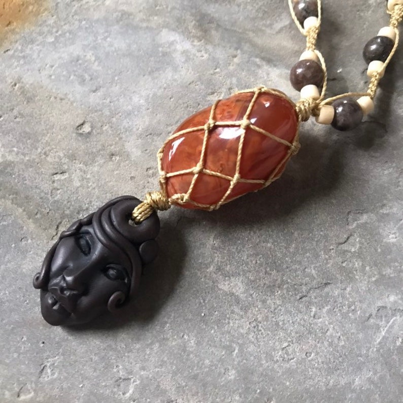 Macrame Carnelian and Clay Goddess Talisman for Creativity