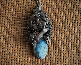Nature Goddess with Dendritic Opal - Hand Sculpted Clay Goddess Pendant - Whimsical Art Jewelry