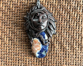 Sodalite Goddess Pendant - Hand Sculoted Clay Goddess Necklace