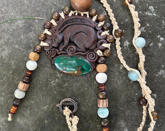 Rabbit Spirit Necklace with Chrysocolla | Hand Sculpted Rabbit Pendant | Beaded Macrame Necklace | Woodland Boho Jewelry | Nature Lover Gift