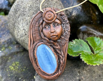 Clay Goddess Pendant with Blue Opal - Hand Sculpted Goddess Necklace