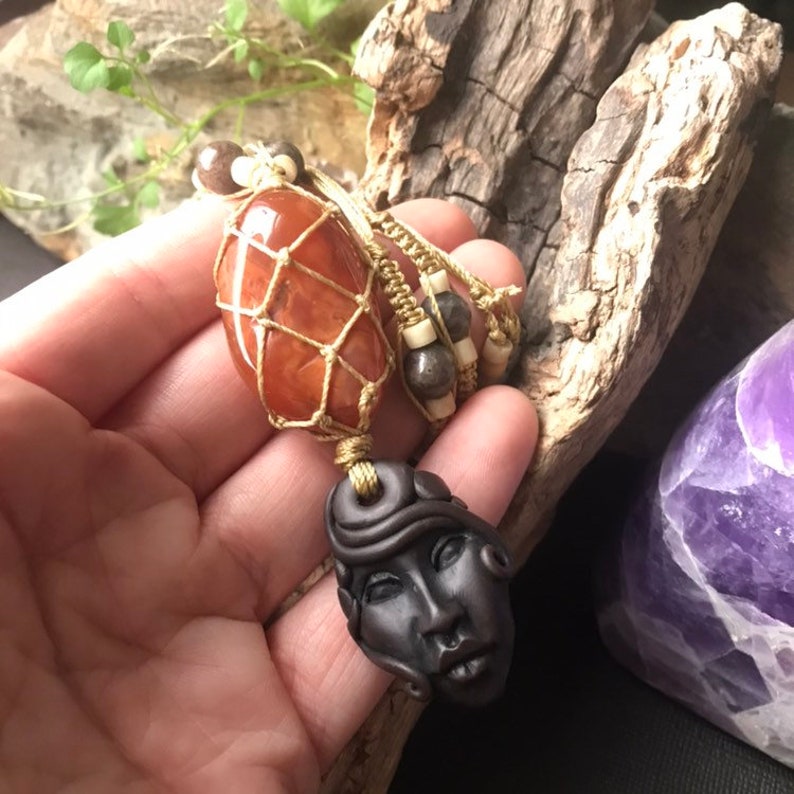 Macrame Carnelian and Clay Goddess Talisman for Creativity