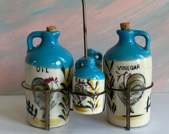 Vtg Condiment Caddy Set Japan, Ceramic Oil, Vinegar, Salt, Pepper Blue Rooster Jugs with Metal Caddy, Moonshine Rooster Mini Jugs Kitchen