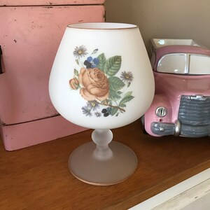 Vintage Norleans Frosted Satin Glass Goblet Vase,  with Roses Made in Italy