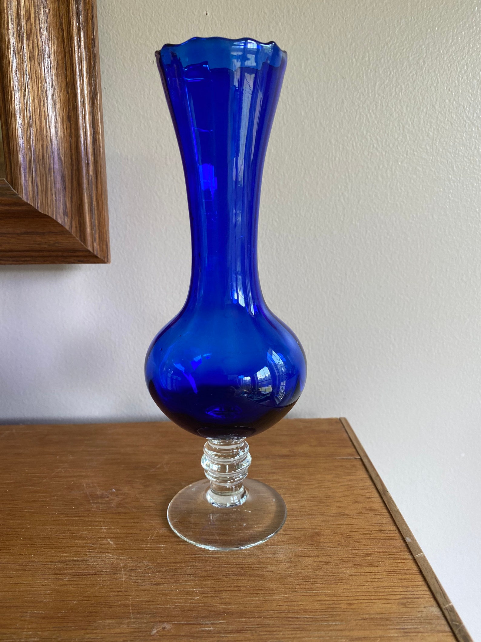 Vtg Cobalt Blue Glass Bud Vase With Clear Stem Hand Blown Etsy