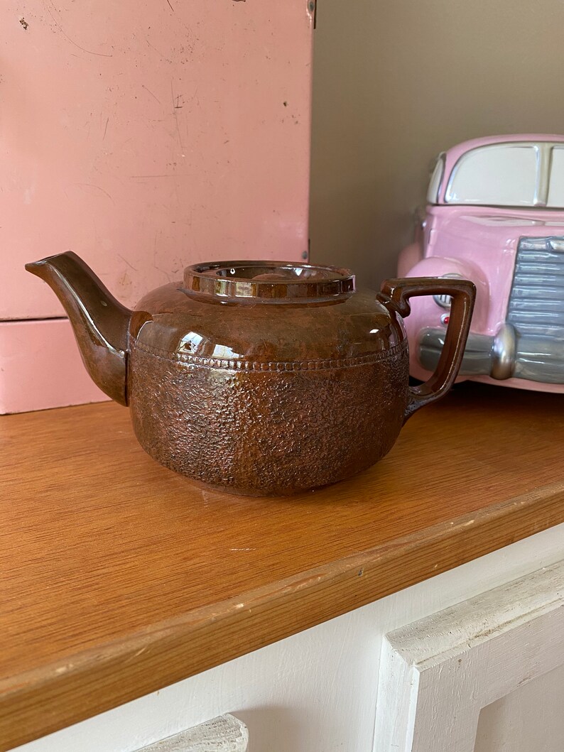 Small Brown Half Tortoise Shell Design Half Textured Teapot Sadler Glazed Tortoise Shell Design and Textured Teapot Made in England Vtg