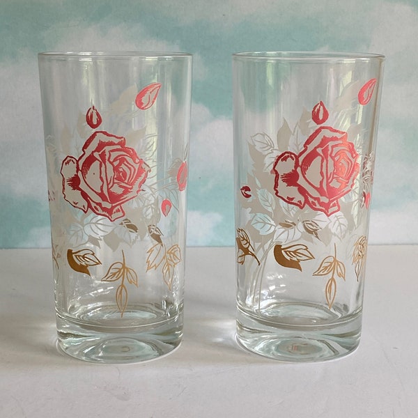 Vtg Pink Roses Drinking Glasses, Set of 2 Mid Century Pink and Gold Rose Design Tumblers, Retro Pink Kitchen, Libbey MCM Tea Glasses