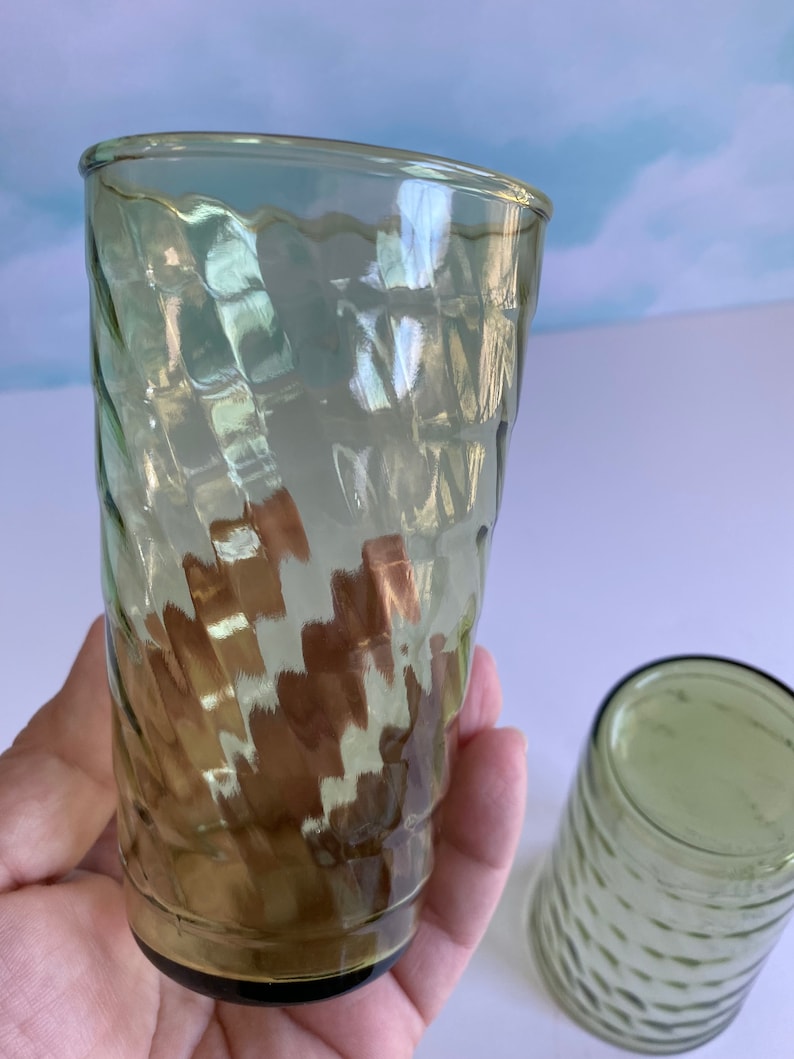 Vtg Green Ripple Glass Drinking Glasses Retro Green Drinking Etsy