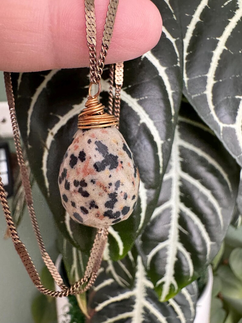 Puede incluir: Un collar con colgante de piedra moteada y cadena dorada. La piedra, en forma de l&aacute;grima, presenta manchas negras y rojizas sobre un fondo beige. La piedra est&aacute; envuelta con alambre dorado.