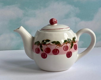 Vtg Cherry Design Small Teapot, 12 Ounce Size Ceramic Teapot, Andrea by Sadek Cherry Design Kitchenware