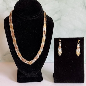 Trio Color Sterling Silver Necklace & Dangle Earring Set - Chevron Design