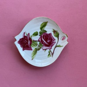 Vtg Small Rose Trinket Dish Japan, Rose Design Gold Trimmed Small Dish