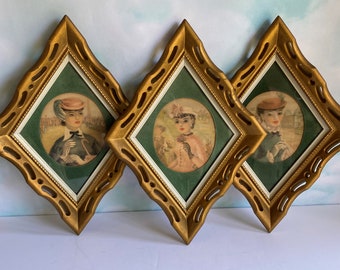 Vtg Diamond Shaped Victorian Lady Pictures, Mid Century Diamond Lattice Cut Out Triangle Framed Huldah Style, Set of 3