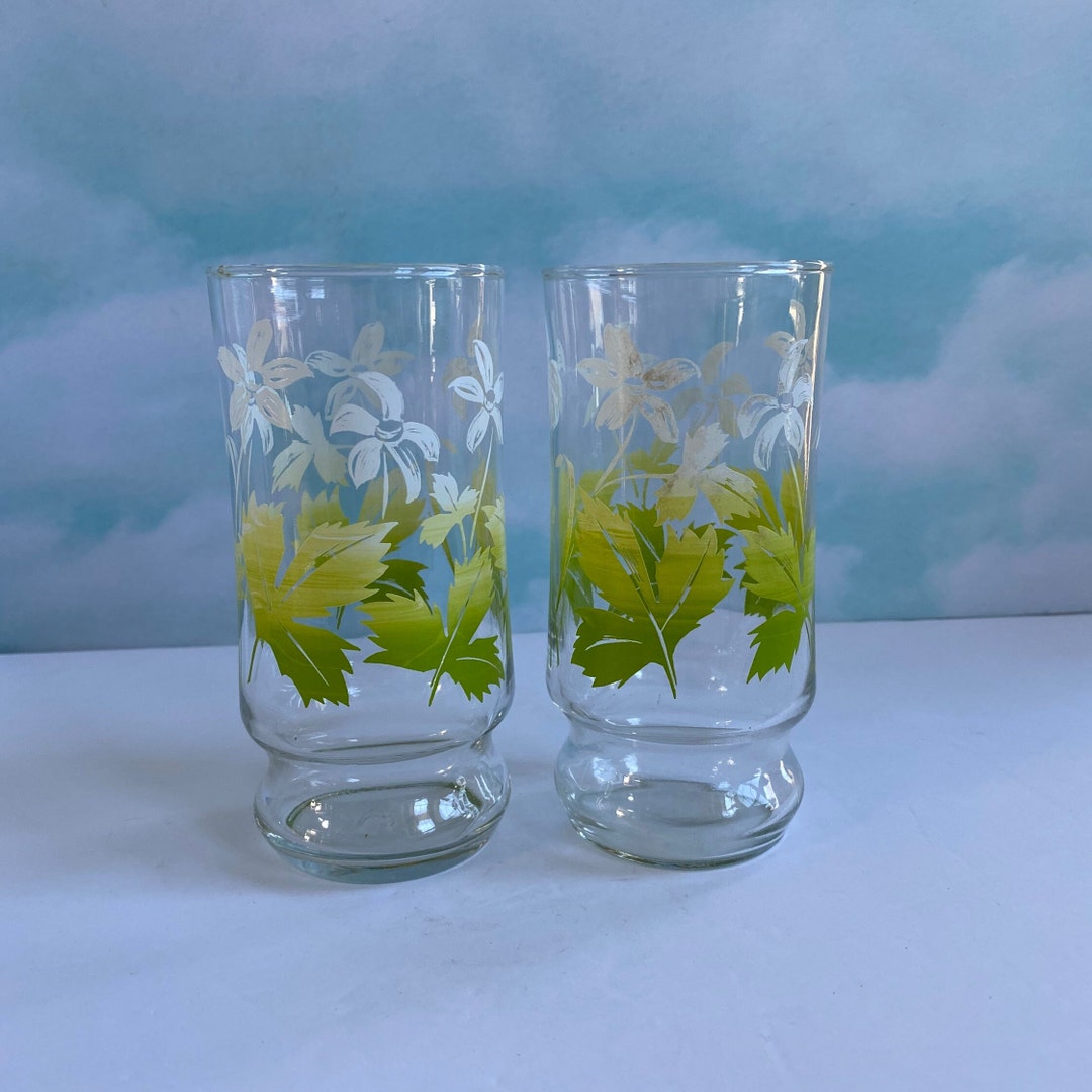Vtg Libbey Green and White Floral Drinking Glasses, Green Leaf White