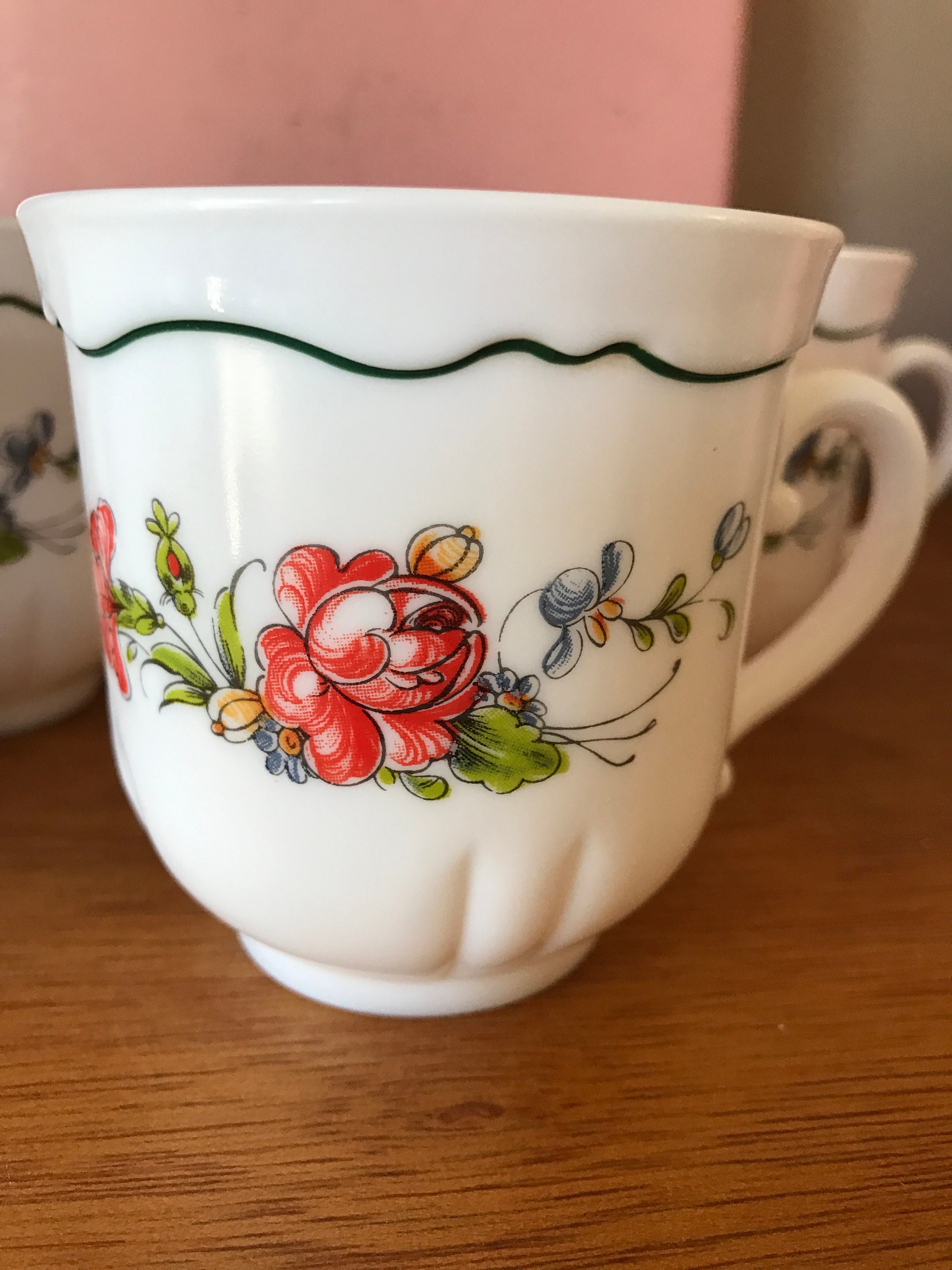 Vintage Arcopal France Milk Glass Cups Provincial Pattern Set Etsy