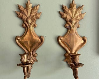 Vintage Brass Wall Candle Sconces, Neoclassical Heavy Wall Decor 17" x 6"
