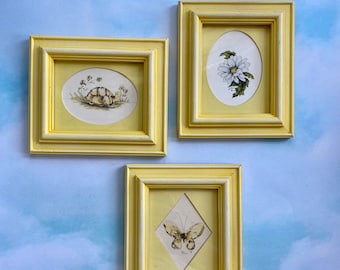 Vtg Carol Morrison Watercolor Prints Framed, Yellow Framed Butterfly, Flower and Turtle Watercolor Art