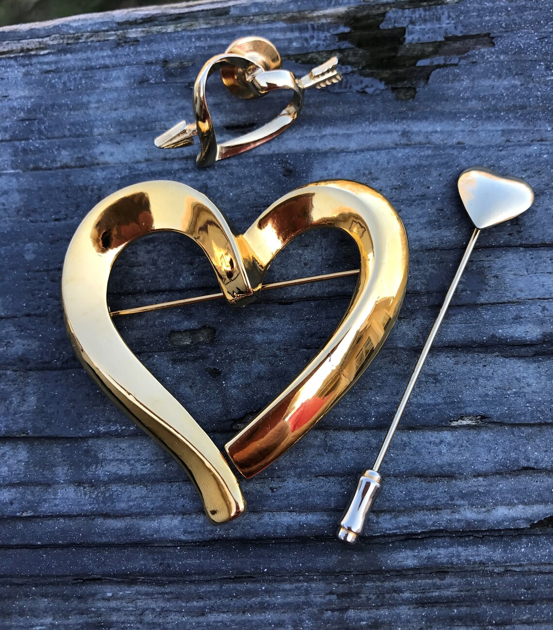 Vtg Heart Jewelry Gold Heart Pins Trio of Heart Pins Stick Etsy UK