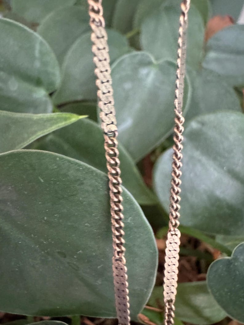 Puede incluir: Primer plano de dos collares dorados con diferentes estilos de cadena. Uno presenta un dise&ntilde;o de eslabones planos y rectangulares, mientras que el otro tiene una cadena de cuerda trenzada cl&aacute;sica. Los collares est&aacute;n sobre un fondo de hojas verdes.