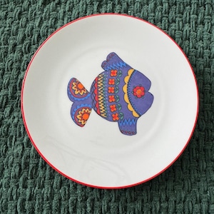 Fish Plate, Colorful Bavarian Germany Fish Design Plate, Red Trim Folk Art Bareuther Plate 7.75&quot; Diameter