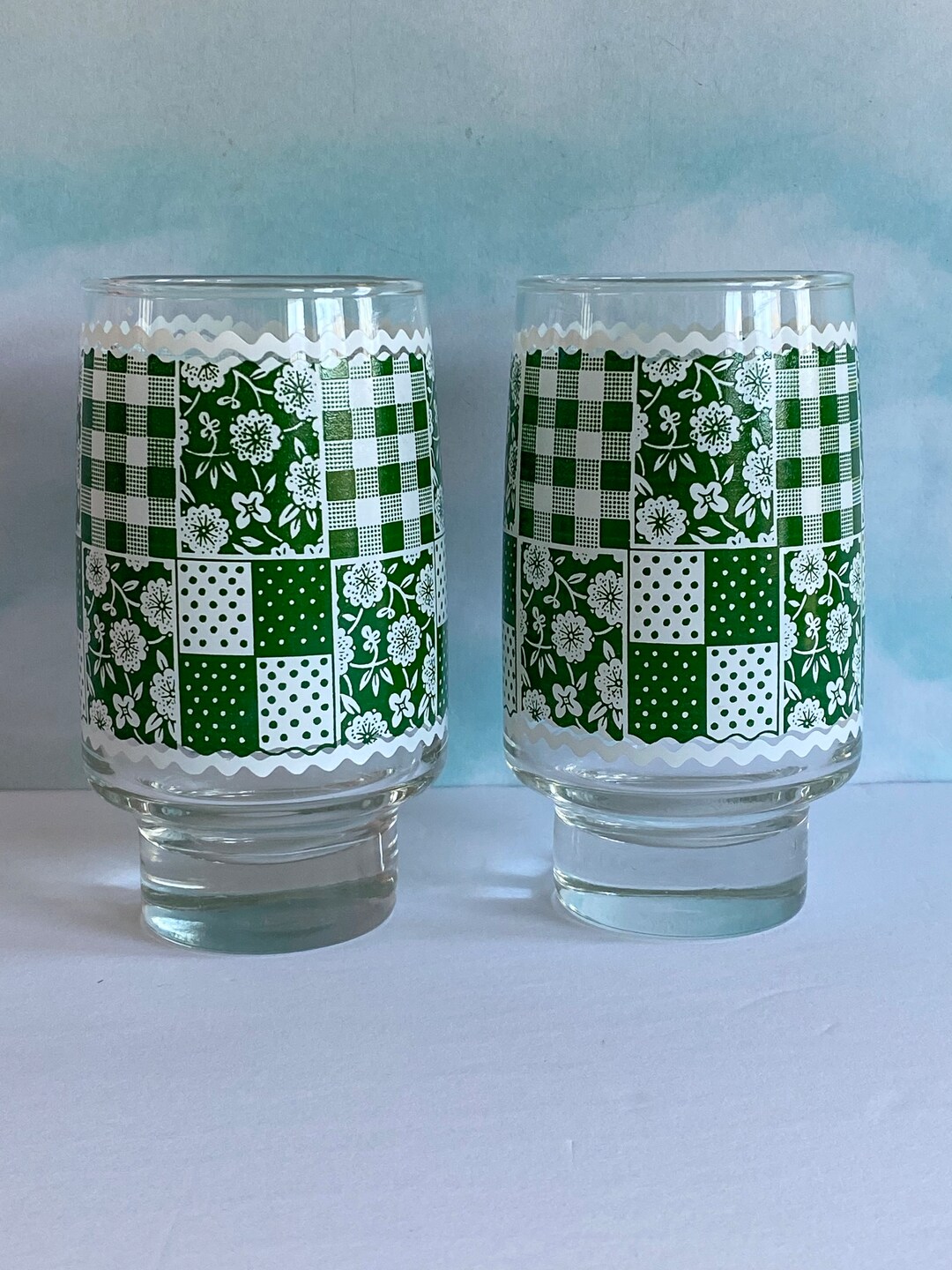 Vtg Libbey Green Gingham Drinking Glasses, Set of 2 Glasses, Gingham