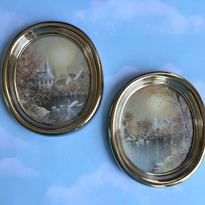 Vtg Homco Oval Framed Pictures, Lake Landscape, Country Church, Swans on Lake Picturesque Scenes, 1985 Gold Plastic Framed Oval Pictures
