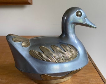 Vtg Pewter and Brass Duck Trinket Box, Tapado Metal Duck Trinket Box / Men's Dresser Box