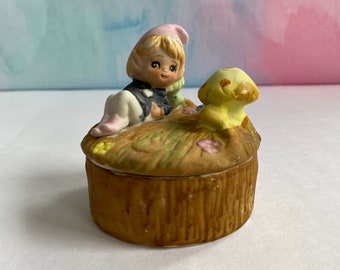 Vtg Pixie Elf Mushroom Trinket Box, Small Round Bisque Porcelain Trinket Box, Pixie Elf 3.25" tall and 2.75" wide