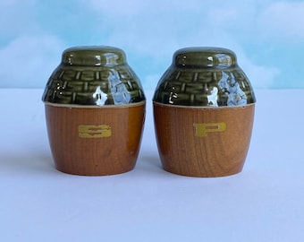 Vtg Salt and Pepper Shakers, Mid Century Green Ceramic with Wood Accent Salt and Pepper Shakers