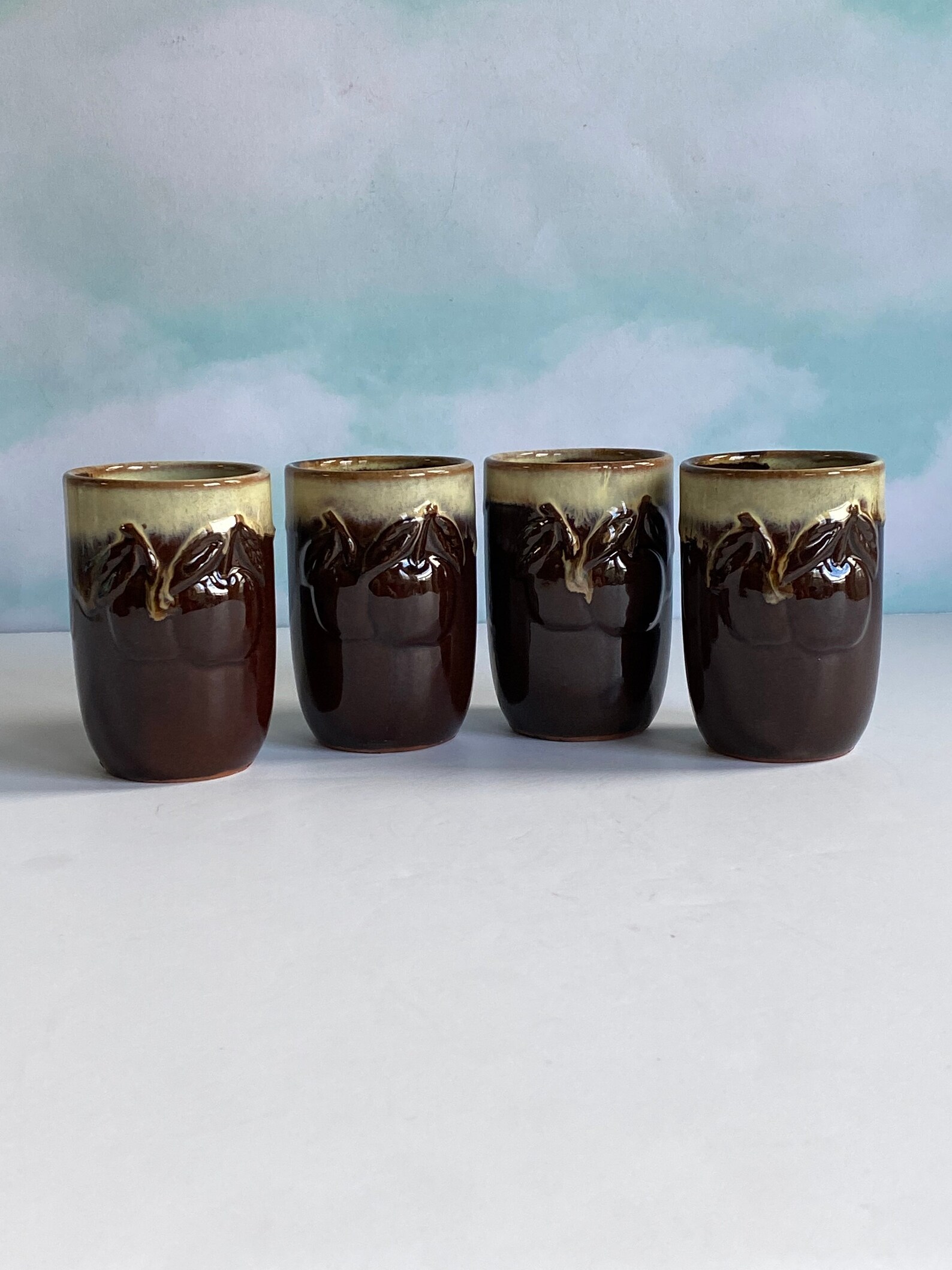 Vtg Stoneware Drip Glaze Pottery Juice Cups Set of Four Etsy