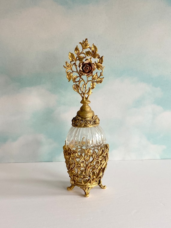 Vtg Ormolu Gold Plated Glass Perfume Bottle, Boud… - image 1