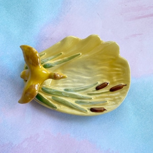 Vtg OPCO Duck in Cattails Soap Trinket Dish Hand Painted Ceramic, Zanesville OH Pottery Yellow Wildlife Water Fowl Trinket Dish