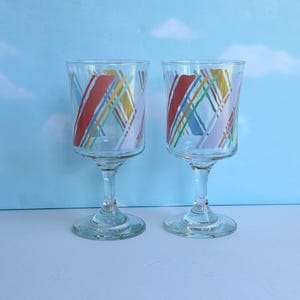 Vtg Pastel Striped Stemmed Drinking Glasses Set of 2, Colorful Yellow, Blue, Purple, Pink and Green Striped Glasses