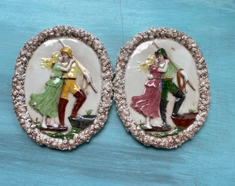 Vtg Fisherman Love Oval Ceramic Wall Plaques Woman Kissing Fisherman, Hand Made, Set of Two, Same Couple Different Colors, Wall Art