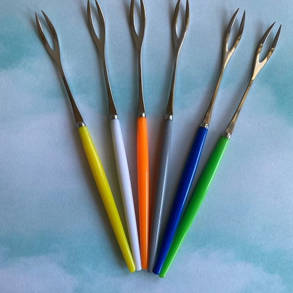 Vtg 6 Piece Fondue Fork Set Mulit Colored Long Fondue Forks, Stainless Steel Forks with Acrylic Colored Handles, Mid Century Fondue Set