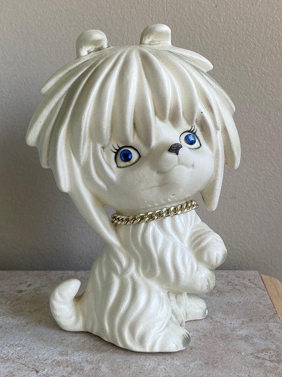 * vintage dog ornament ❀  blue eye ワンちゃん Vtg Ceramic Maltese Bank by Lego Japan Vintage Mid Century