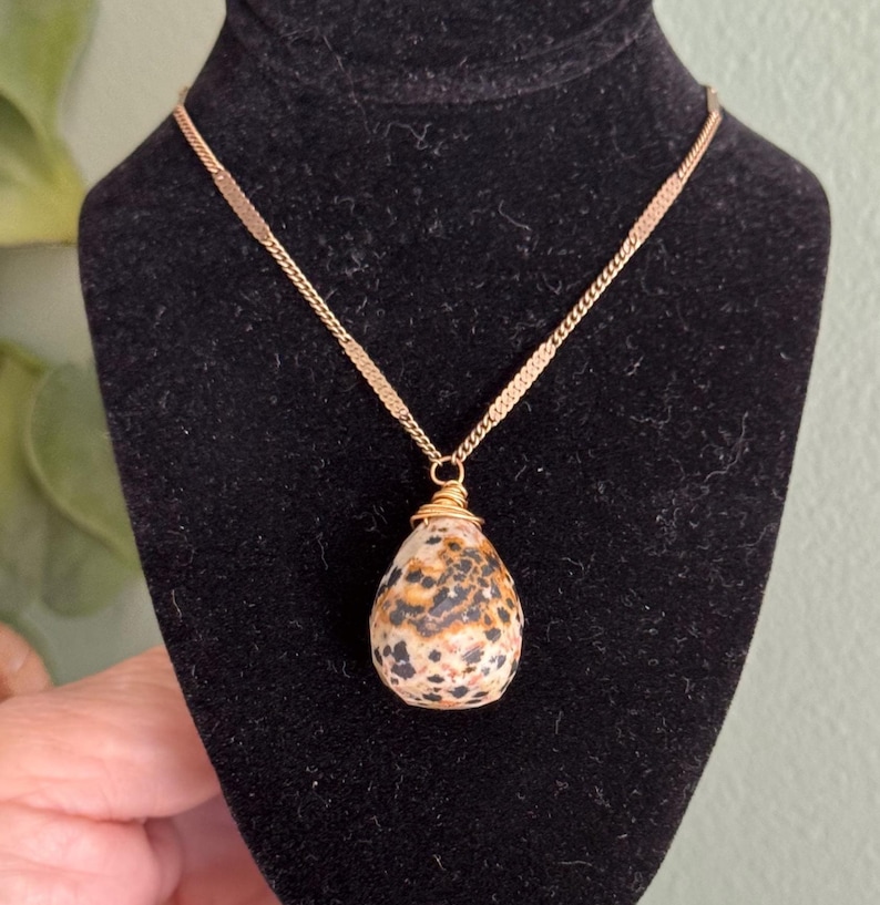 Puede incluir: Un collar de cadena dorada con un colgante en forma de l&aacute;grima. El colgante es una piedra moteada beige, marr&oacute;n y negra, envuelta en alambre dorado. El collar se exhibe sobre un busto de terciopelo negro.