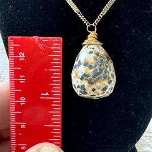 Puede incluir: Collar con colgante en forma de l&aacute;grima y cadena dorada. El colgante, de unos 3,2 cm de largo, es una piedra moteada, envuelta en alambre dorado. El collar se exhibe sobre un fondo de terciopelo negro.