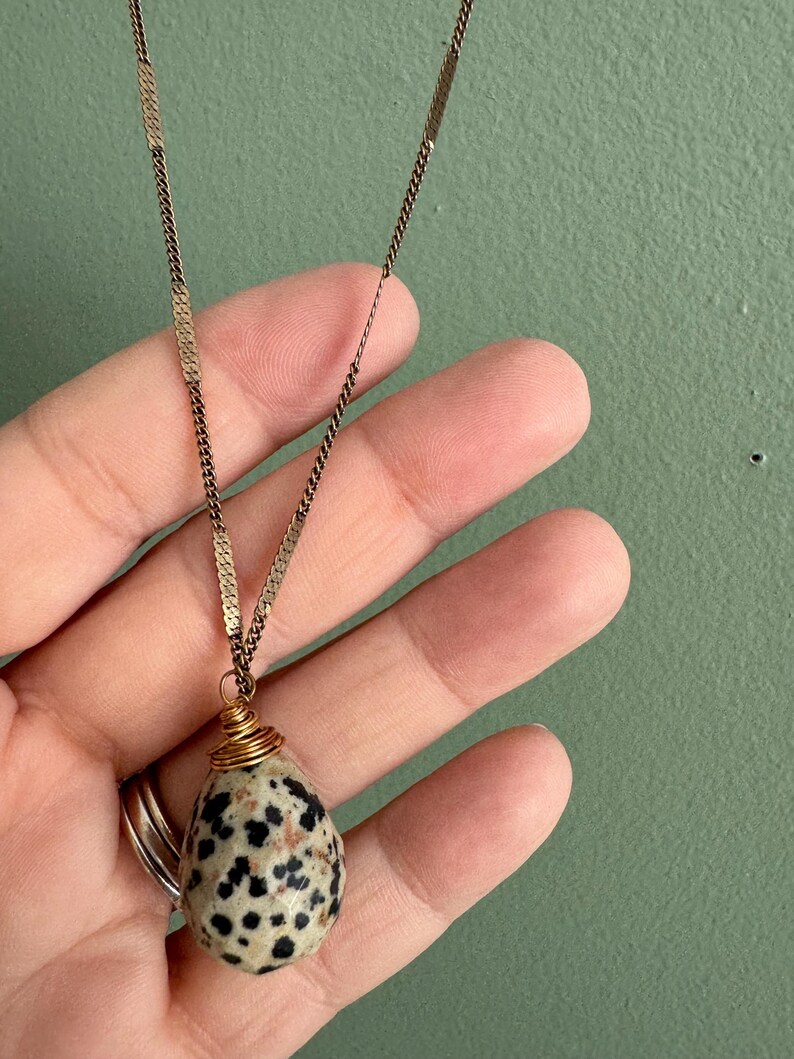 Puede incluir: Collar con colgante de piedra moteada. La piedra beige tiene manchas negras, est&aacute; envuelta en alambre dorado y cuelga de una delicada cadena dorada. El collar se muestra sobre un fondo verde.