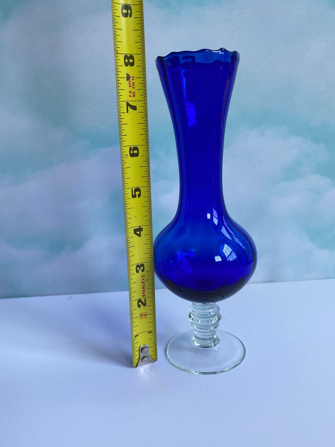 Vtg Cobalt Blue Glass Bud Vase With Clear Stem Hand Blown Etsy