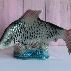 Vtg Ceramic Fish, Blue Gray and Pink Ceramic Fish, Brazil Pottery Ceramics
