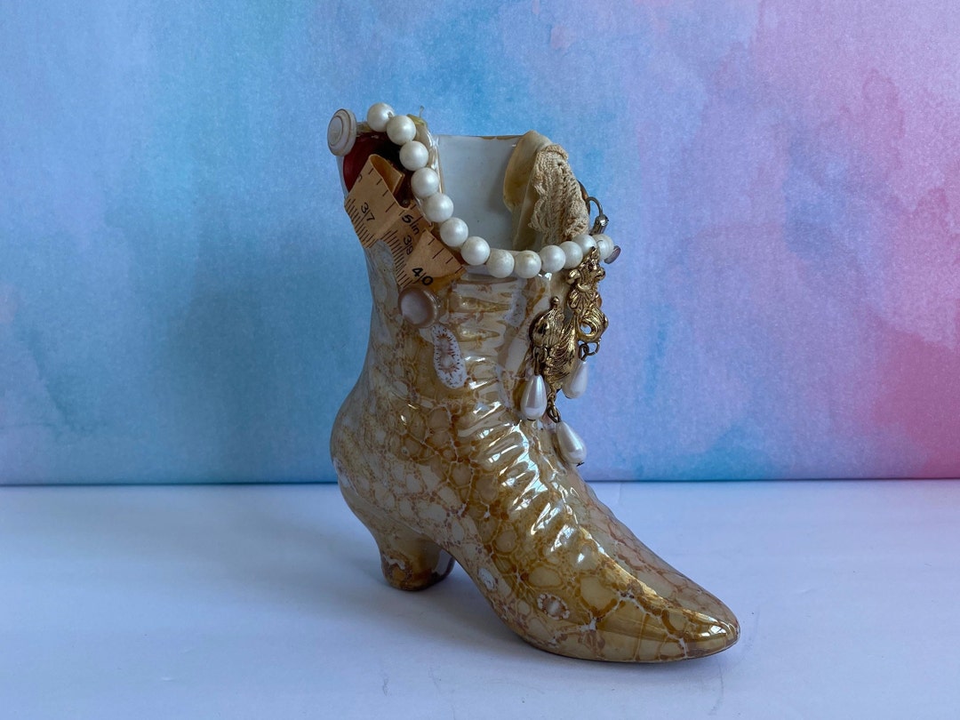 Vtg Ceramic Boot Planter Vase, Victorian Boot, Crafters Boot Adorned