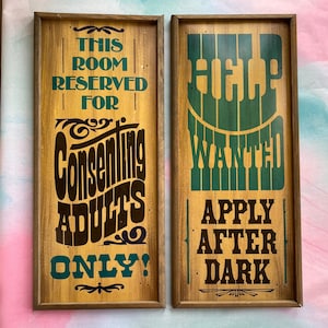 Vtg Novelty Cardboard Signs Framed, Consenting Adults Party Wall Signs, 70&#39;s Vintage Fun Party Wall Decor 18 Inch Tall Signs Set of 2