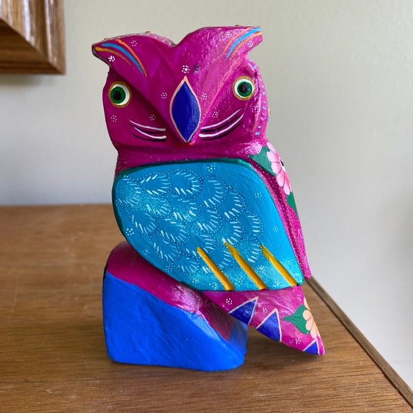 Roberta Angeles Oaxacan Folk Art Owl Wood Carving, Hand Painted Colorful Mexican Owl Folk Art, 4.50" Tall