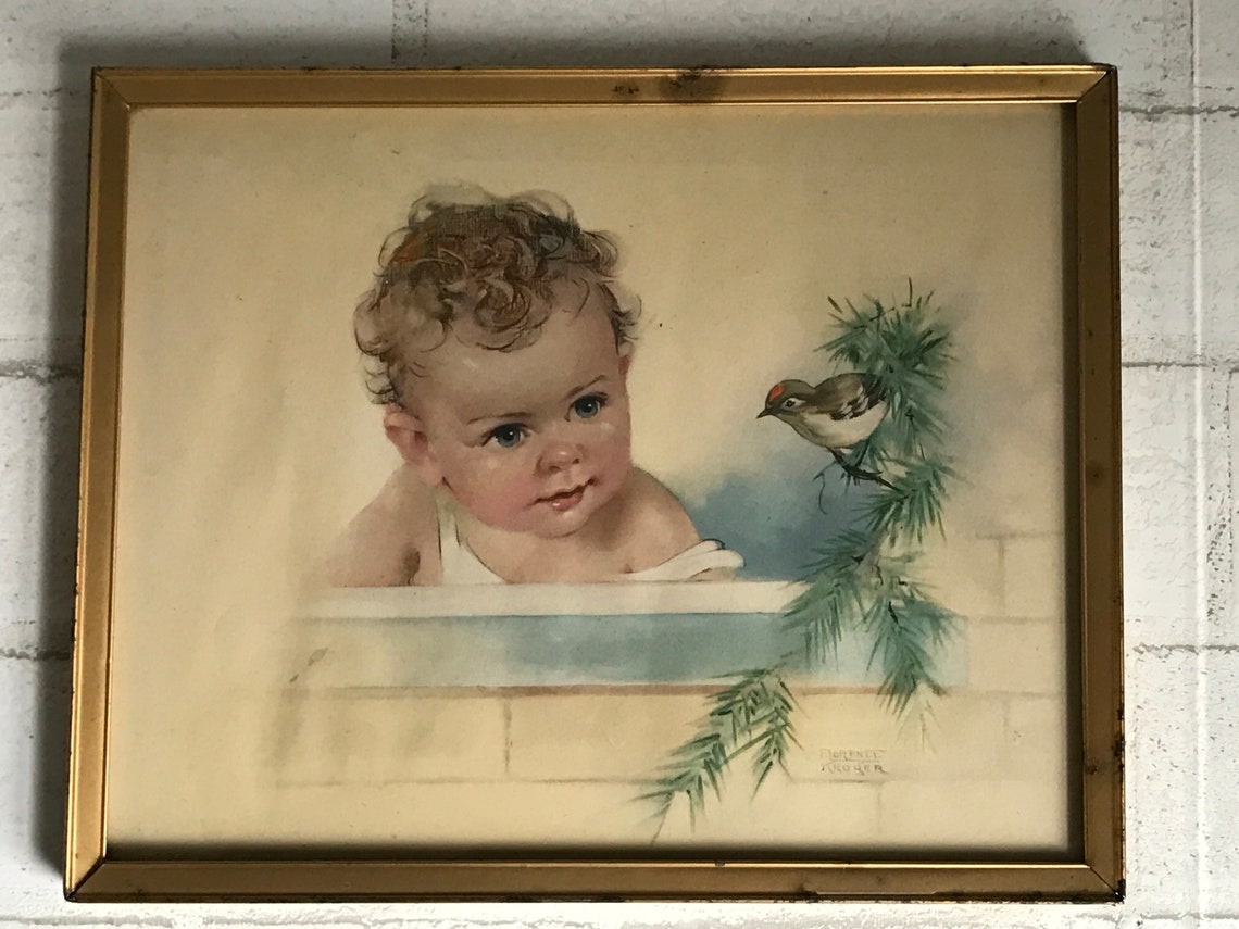 Vtg Baby Picture Framed Florence Kroger Baby with Bird Print Etsy