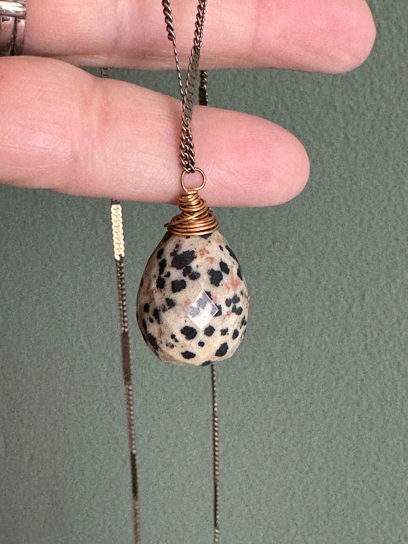 Puede incluir: Collar con colgante de jaspe d&aacute;lmata. La piedra en forma de l&aacute;grima presenta un patr&oacute;n moteado de manchas negras sobre un fondo crema. La piedra est&aacute; envuelta en alambre de color dorado y cuelga de una delicada cadena.